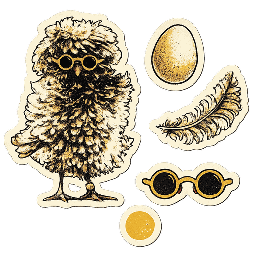 Een stickervel met de klup-kip, een ei, een veer, een zonnebril en een mosterdgeel zonnetje